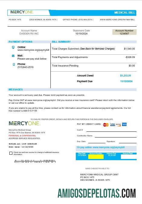 imprimível Modelo de conta de serviços públicos médicos Iowa MercyOne Medical Business em formatos Word e PDF